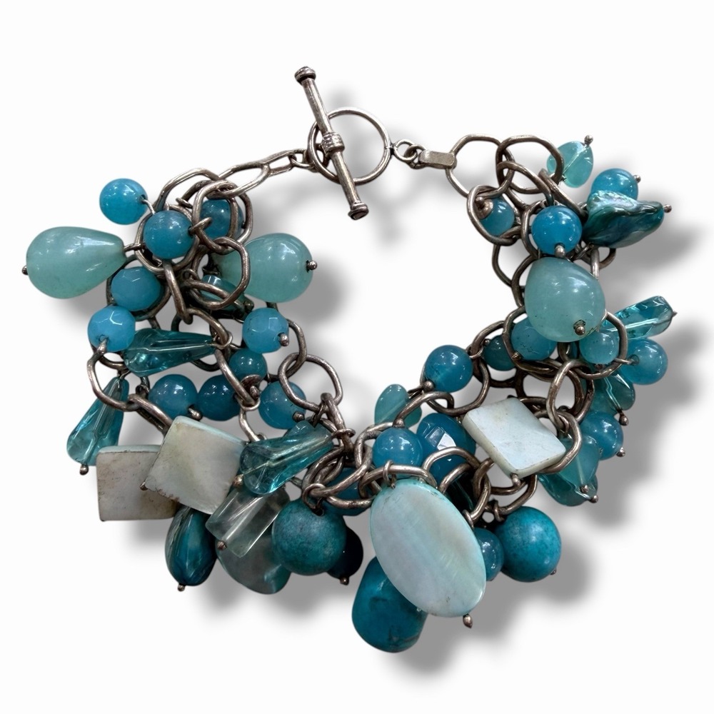 Sterling Silver 925 MultiStrand Blue Gemstones Toggle Clasp Cha Cha Bracelet Y2K